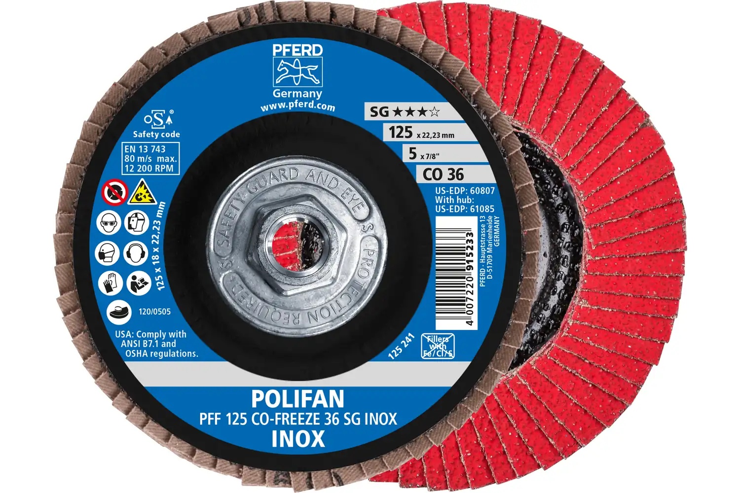 Picture of Pferd Flap Disc, 5" x 5/8-11, CO-Freeze SG Inox, 36 Grit, T27, Flat, Ceramic